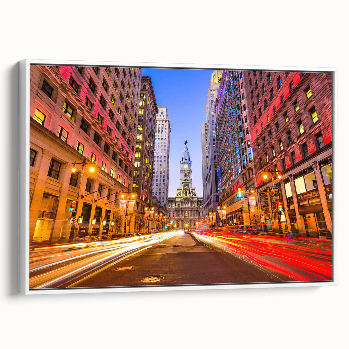 Vintage poster art of Philadelphia skyline in colorful hues on a large framed canvas, ideal for living room decor.