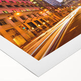 Art deco poster of Philadelphia skyline in muted blue tones on rolled canvas, suitable for dining room wall art.