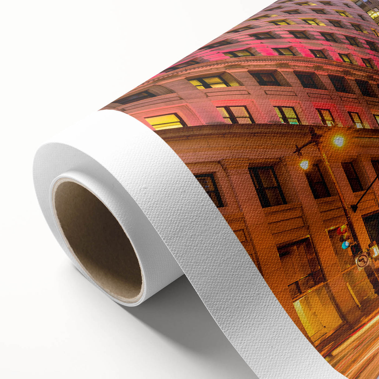 Art deco poster of Philadelphia skyline in pastel shades on rolled canvas.