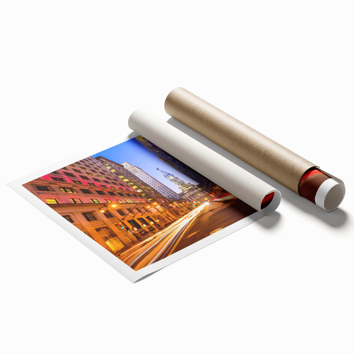 Extra large rolled print of Philadelphia scenery with floral accents in muted colors, ideal for classy bathroom wall art.