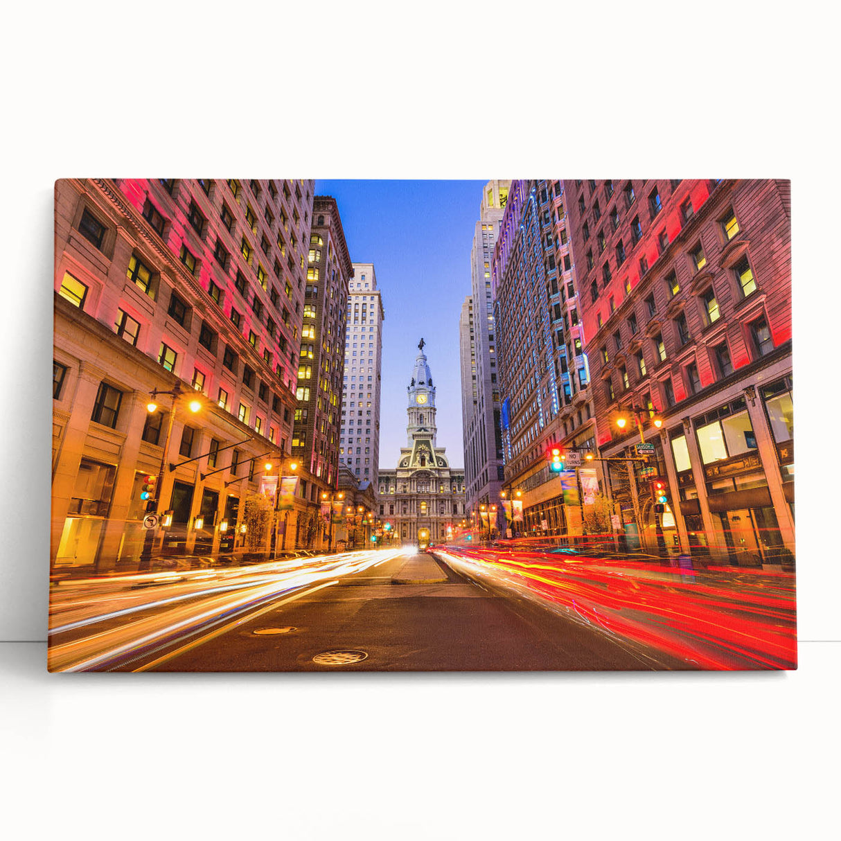 Black and white stretched canvas of Philadelphia skyline, ideal for kitchen wall art.