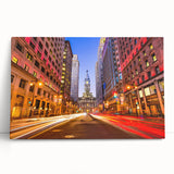 Black and white stretched canvas of Philadelphia skyline, ideal for kitchen wall art.