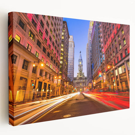 Philadelphia skyline in muted gray tones on a large stretched canvas, ideal for kitchen wall decor.
