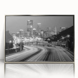 Mid-century modernist art of Pittsburgh skyline in muted metallic tones on a framed acrylic print.