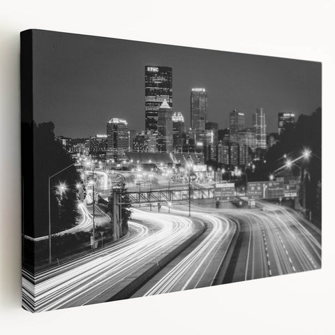 Panoramic view of the Pittsburgh skyline in muted evening colors on stretched canvas, suitable for kitchen wall art.