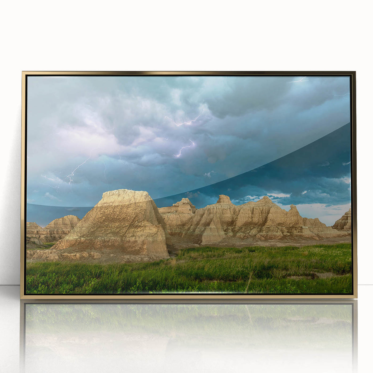 Mid-century modernist large art print of South Dakota Badlands in gold frame, acrylic, ideal for modern art wall decor.