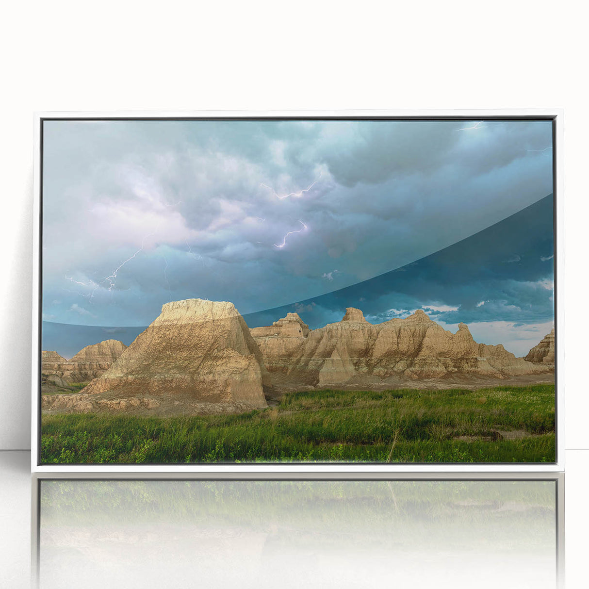 Modern art wall decor featuring a scenic view of South Dakota Badlands in muted earth tones on a framed acrylic panel.