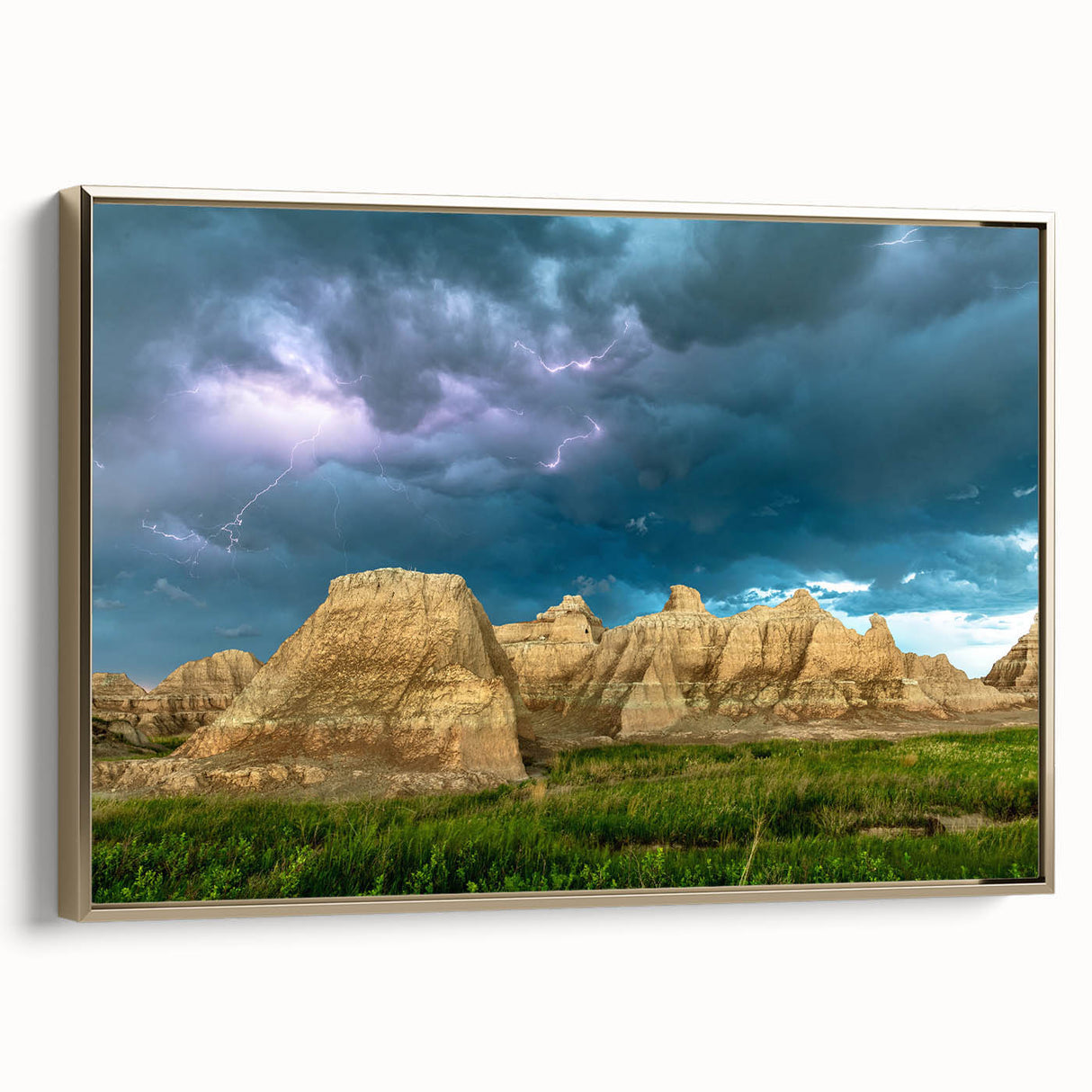 Framed canvas of South Dakota Badlands landscape in muted earth tones, suitable as wall art for bedroom.