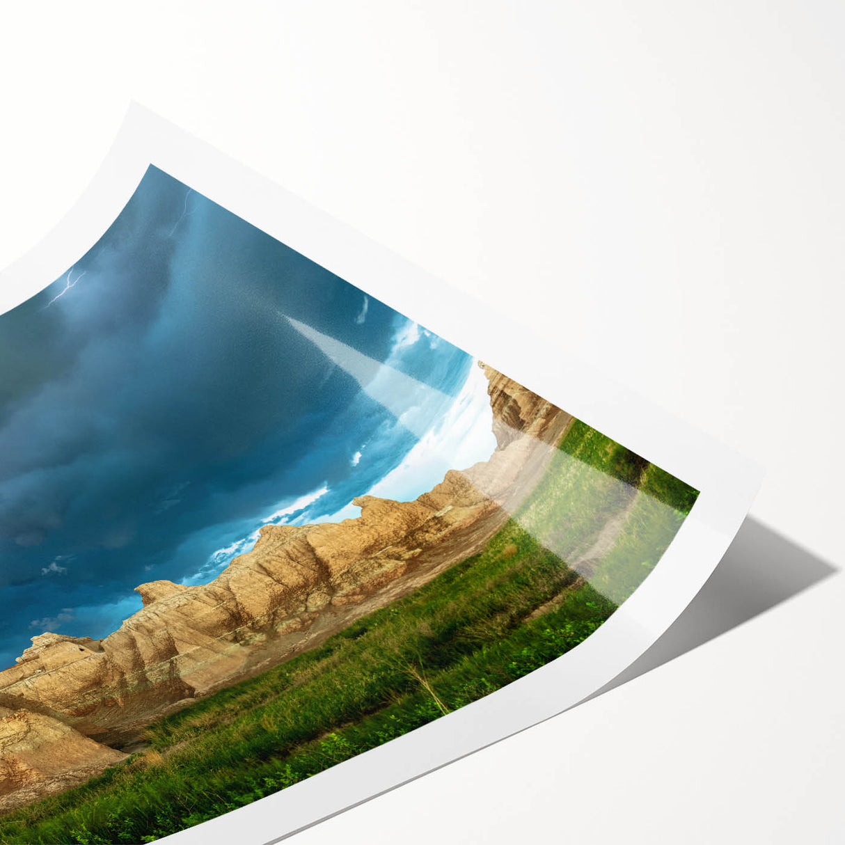 Extra large rolled print of South Dakota Badlands landscape in earthy tones, ideal for large living room wall art.
