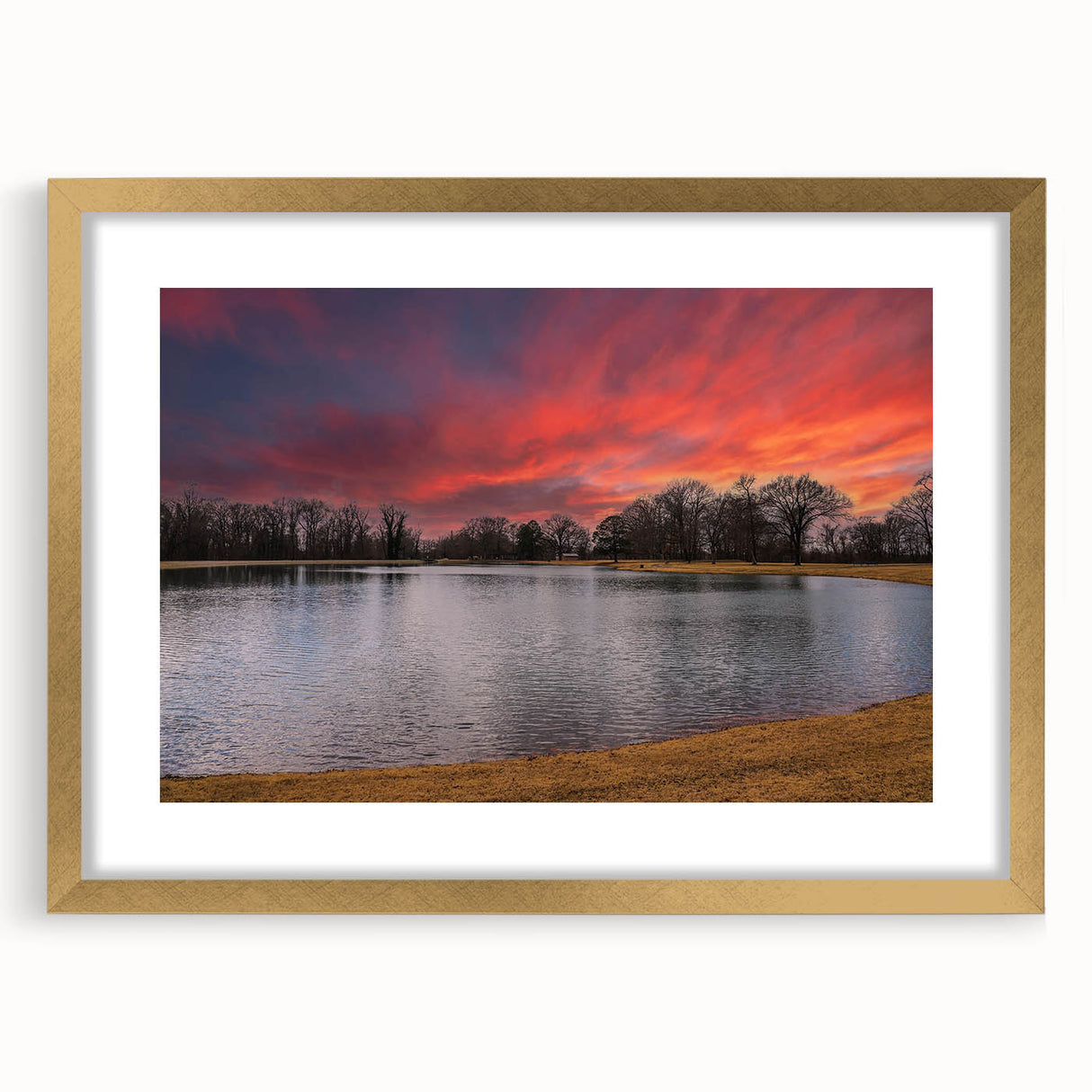 Extra large abstract art print of Memphis scenery in textured tones of gold and blue on a framed canvas.