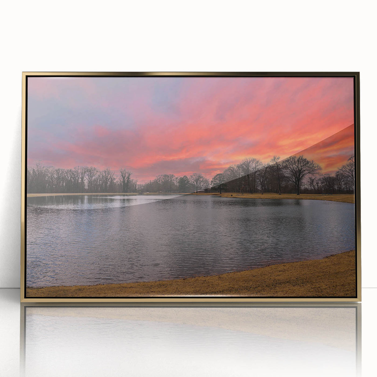 Mid-century modernist Memphis skyline in gold and blue tones on a framed acrylic, suitable for modern art wall decor.