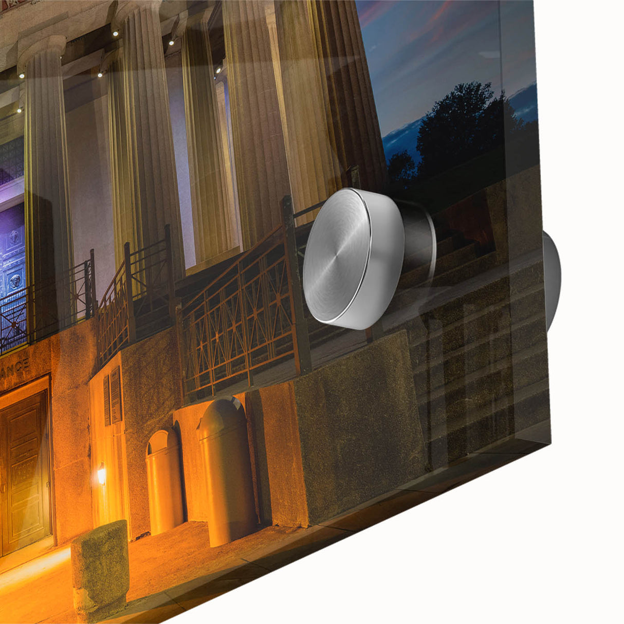 Large abstract depiction of Nashville skyline in muted earth tones on acrylic glass, suitable for dining room art.