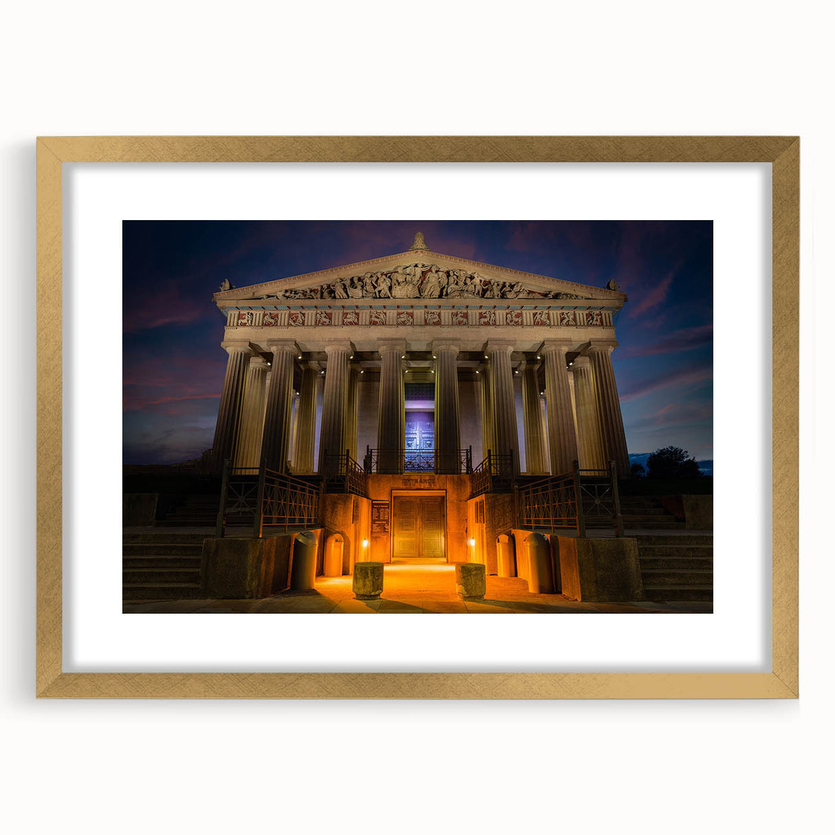 Extra large abstract art print of Nashville scenery in muted earth tones, framed in gold, ideal for living room decor.