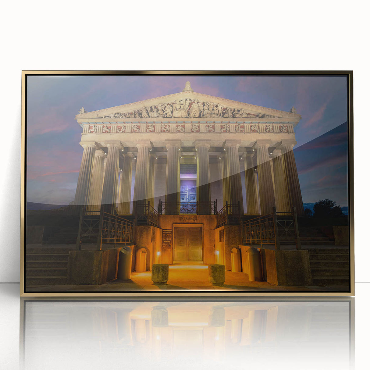 Framed acrylic print of Nashville skyline in gold and black tones, ideal for modern art wall decor.