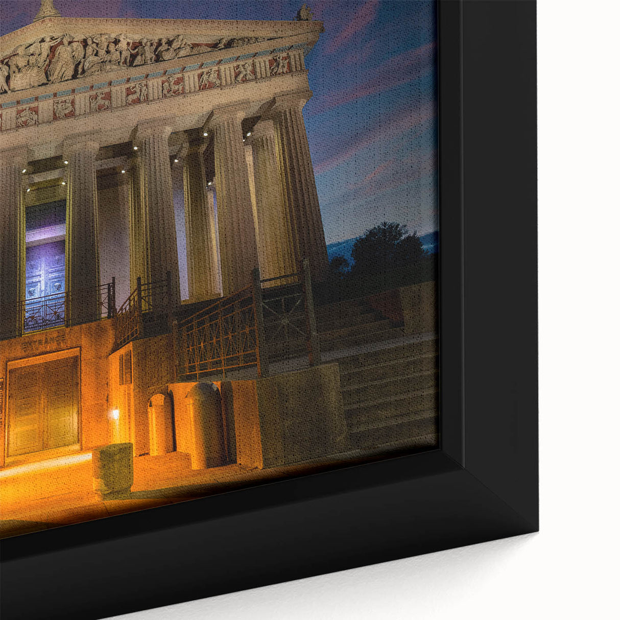 Extra large framed canvas of Nashville skyline in black with vibrant, colorful textures, ideal for living room decor.