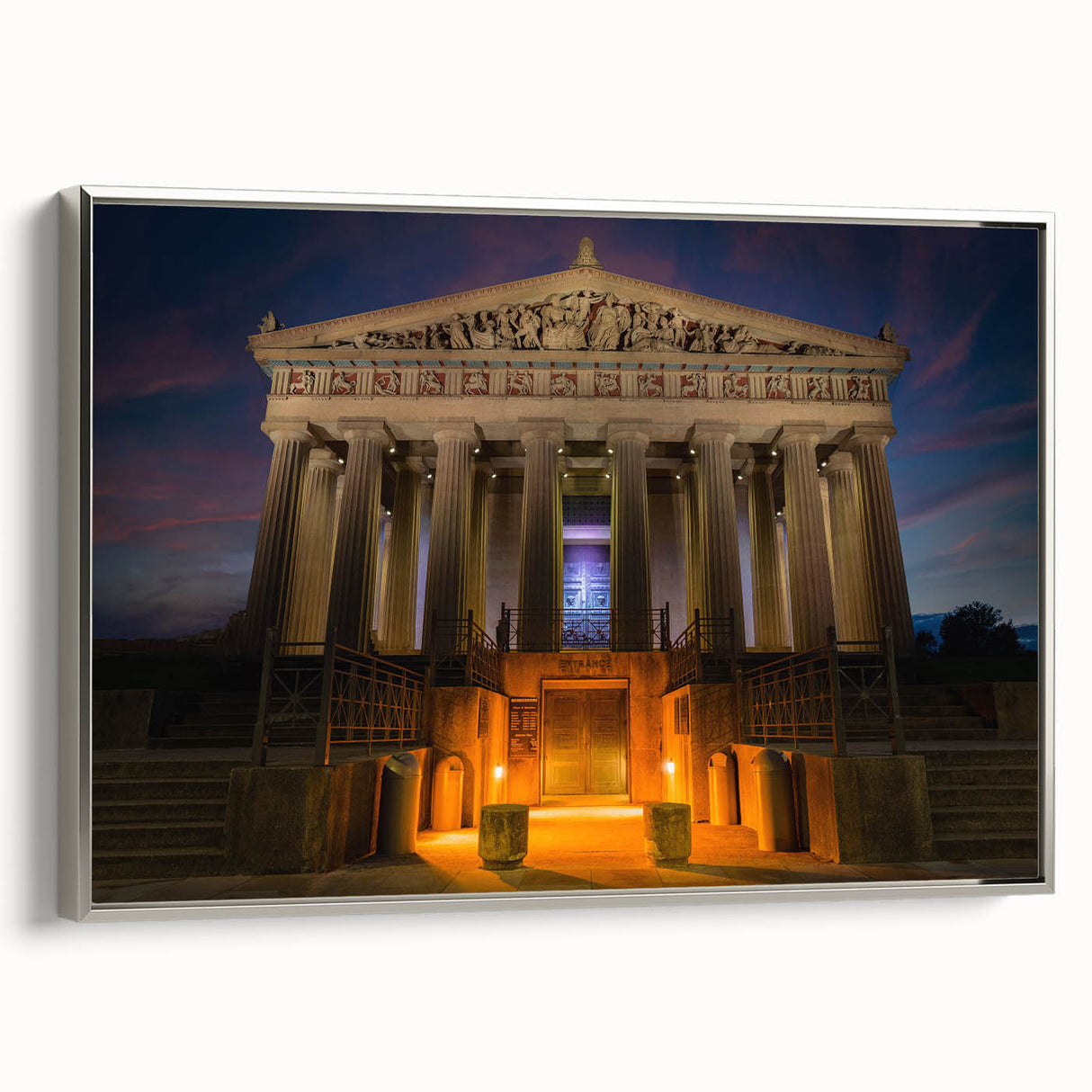 Landscape art painting of Nashville skyline in colorful hues on a silver-framed canvas, ideal for office decor.
