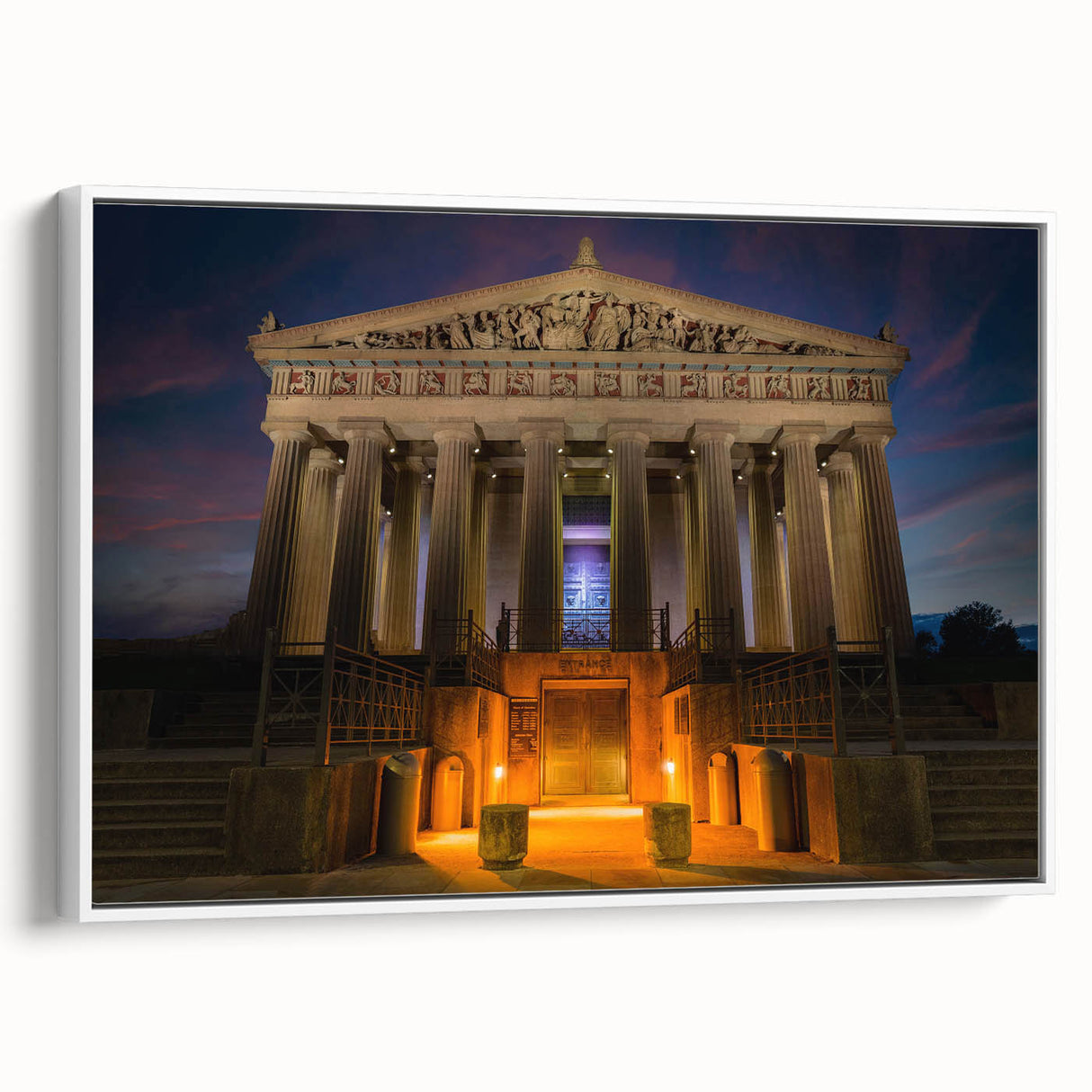 Vintage poster art of Nashville skyline in colorful tones on extra large framed canvas, ideal for living room decor.
