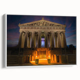 Vintage poster art of Nashville skyline in colorful tones on extra large framed canvas, ideal for living room decor.