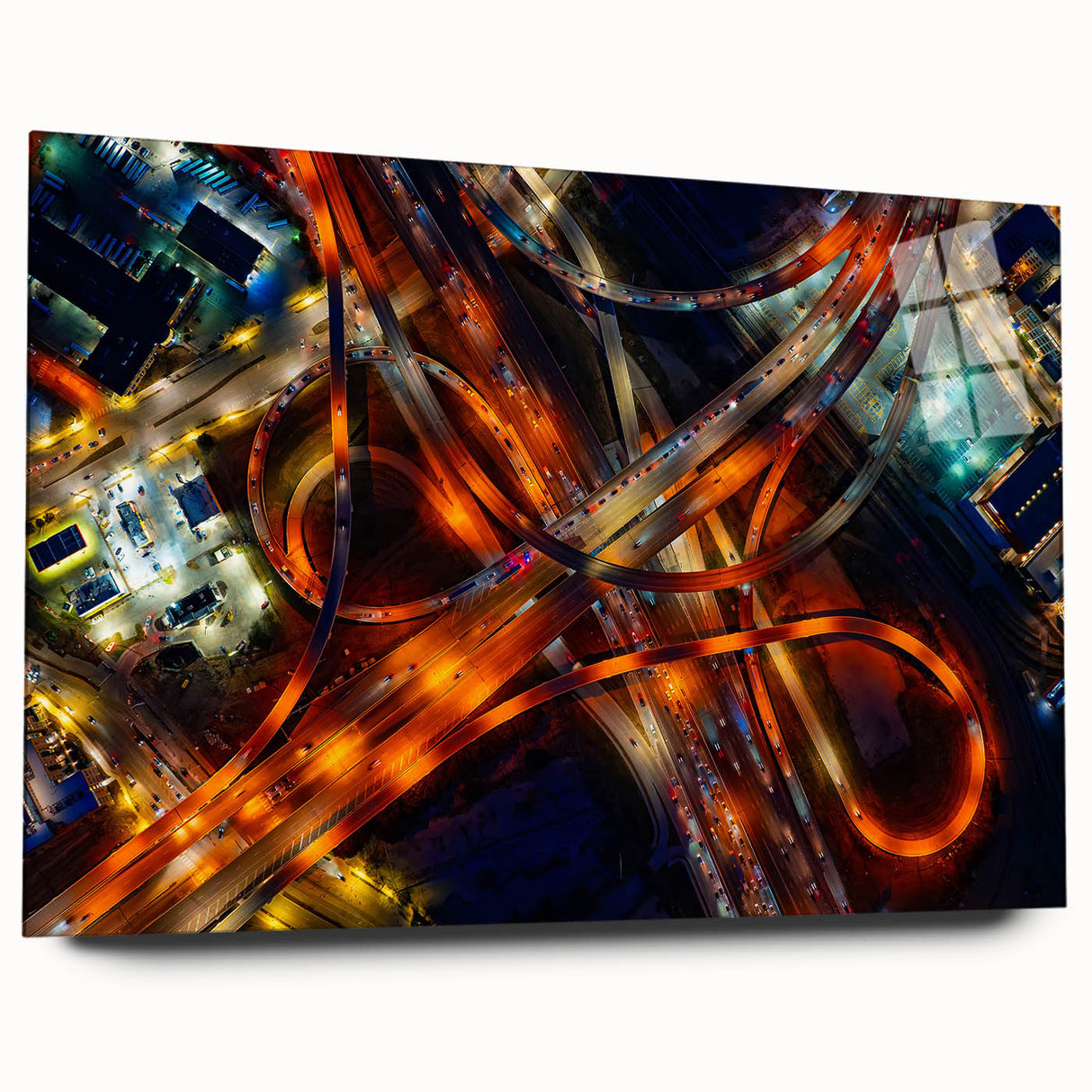 Large abstract depiction of the Dallas skyline in muted gray and blue tones on acrylic glass.