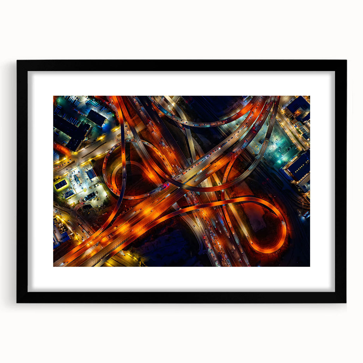 Abstract art print of Dallas skyline with vibrant, colorful textures on a large framed canvas.