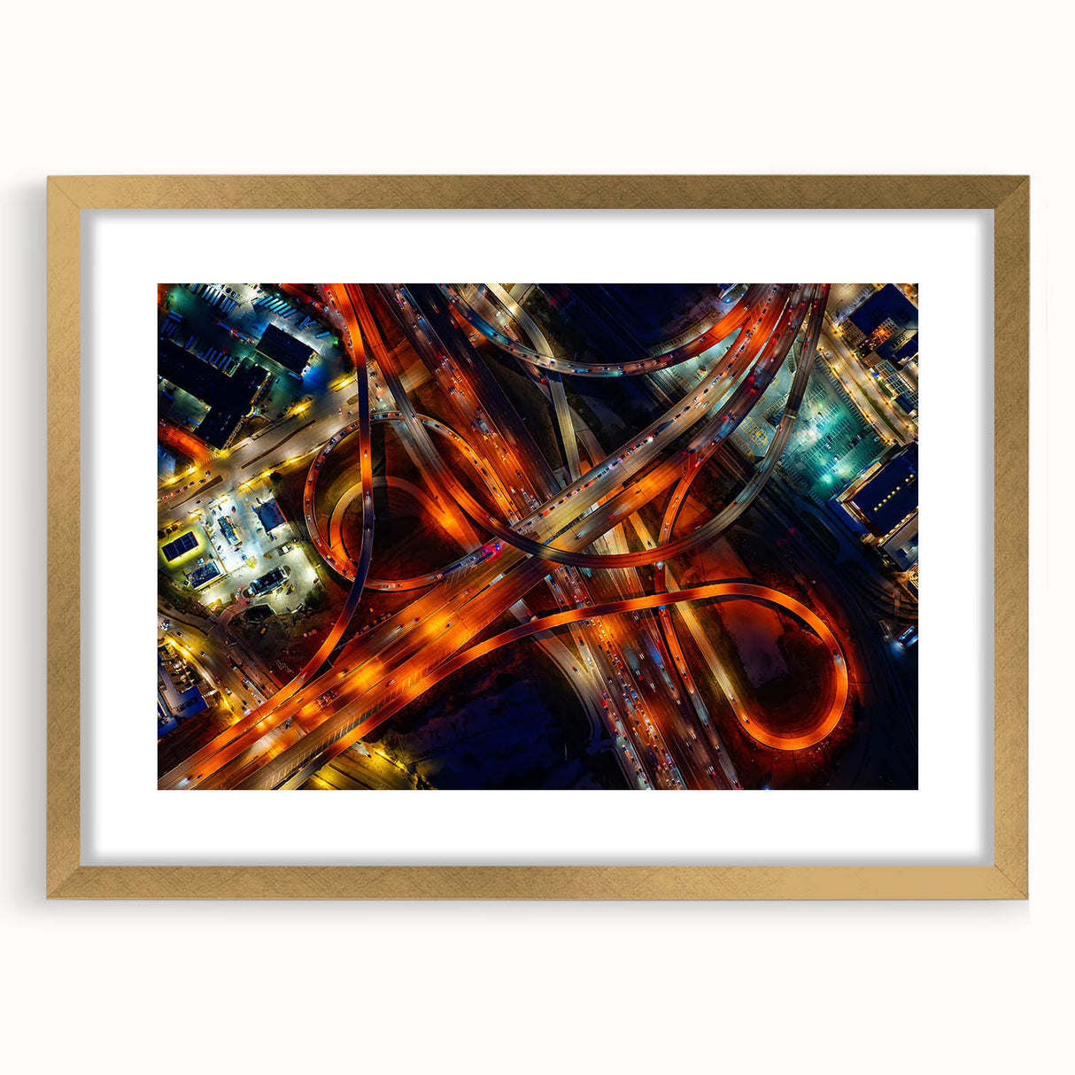 Extra large abstract art print of Dallas skyline in textured style, with gold frame, suited for living room decor.