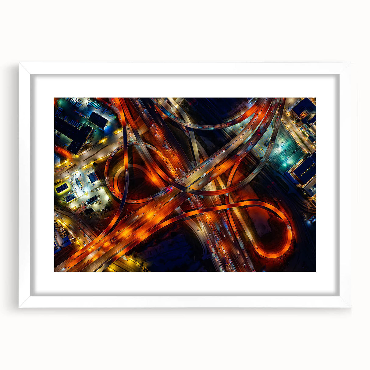 Abstract art print of Dallas skyline in muted gray and blue tones on a white framed poster, suitable for dining room decor.