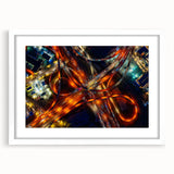 Abstract art print of Dallas skyline in muted gray and blue tones on a white framed poster, suitable for dining room decor.