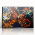 Framed acrylic print of a large abstract depiction of the Dallas skyline in muted gray and blue tones.