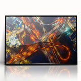 Framed acrylic print of a large abstract depiction of the Dallas skyline in muted gray and blue tones.