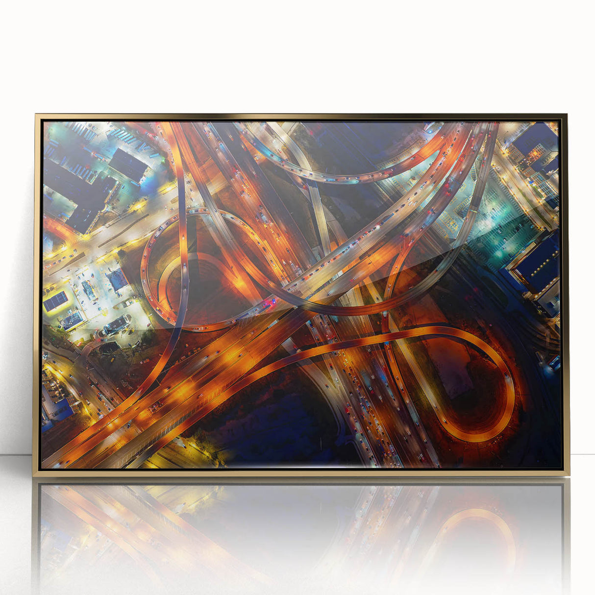 Acrylic print of Dallas skyline in gold and blue tones, mid-century modernist style, suited for modern art wall decor.