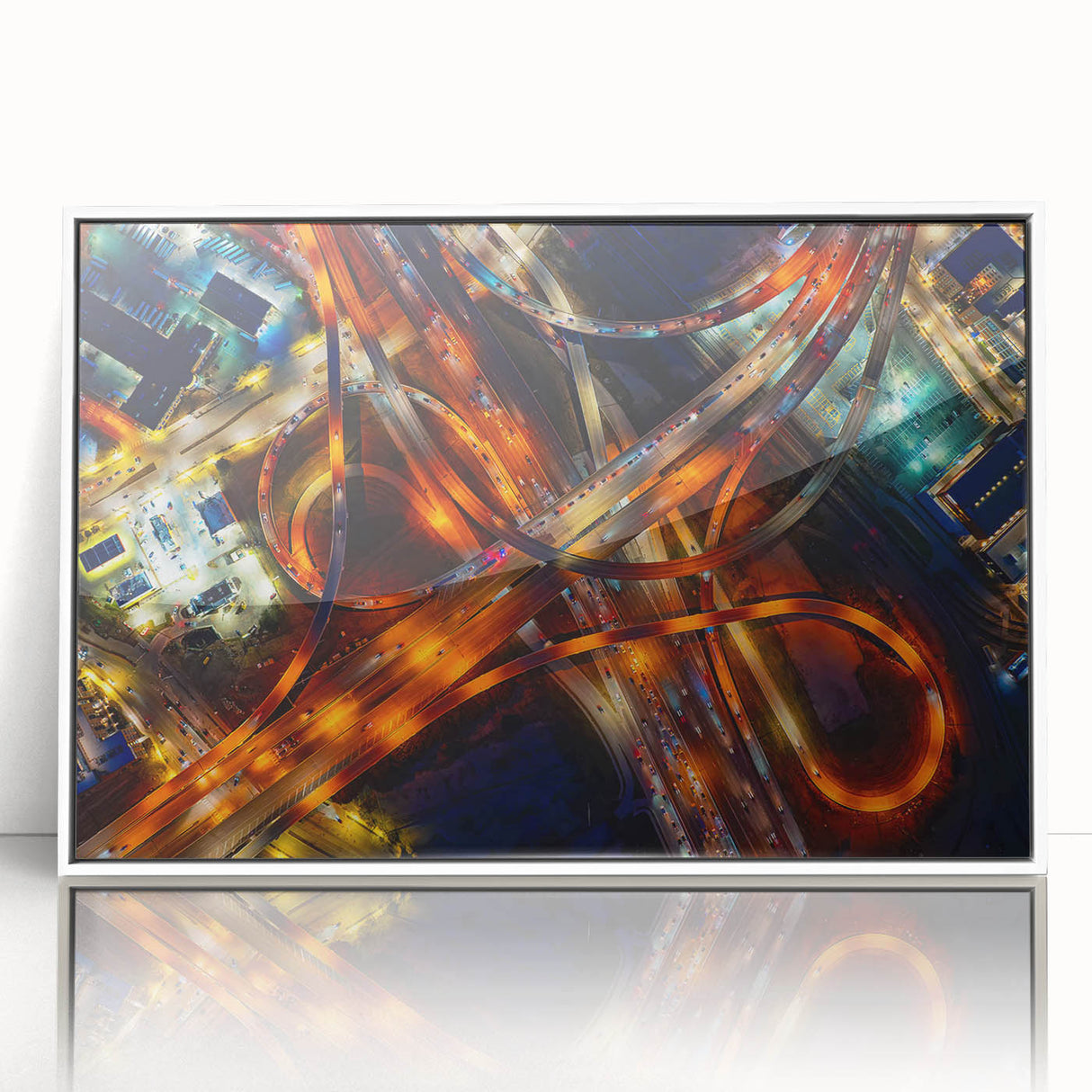 Framed acrylic print of Dallas skyline in art deco style with muted blue and gray tones, ideal for modern art wall decor.