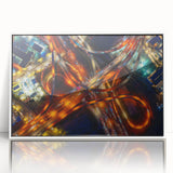 Framed acrylic print of Dallas skyline in art deco style with muted blue and gray tones, ideal for modern art wall decor.