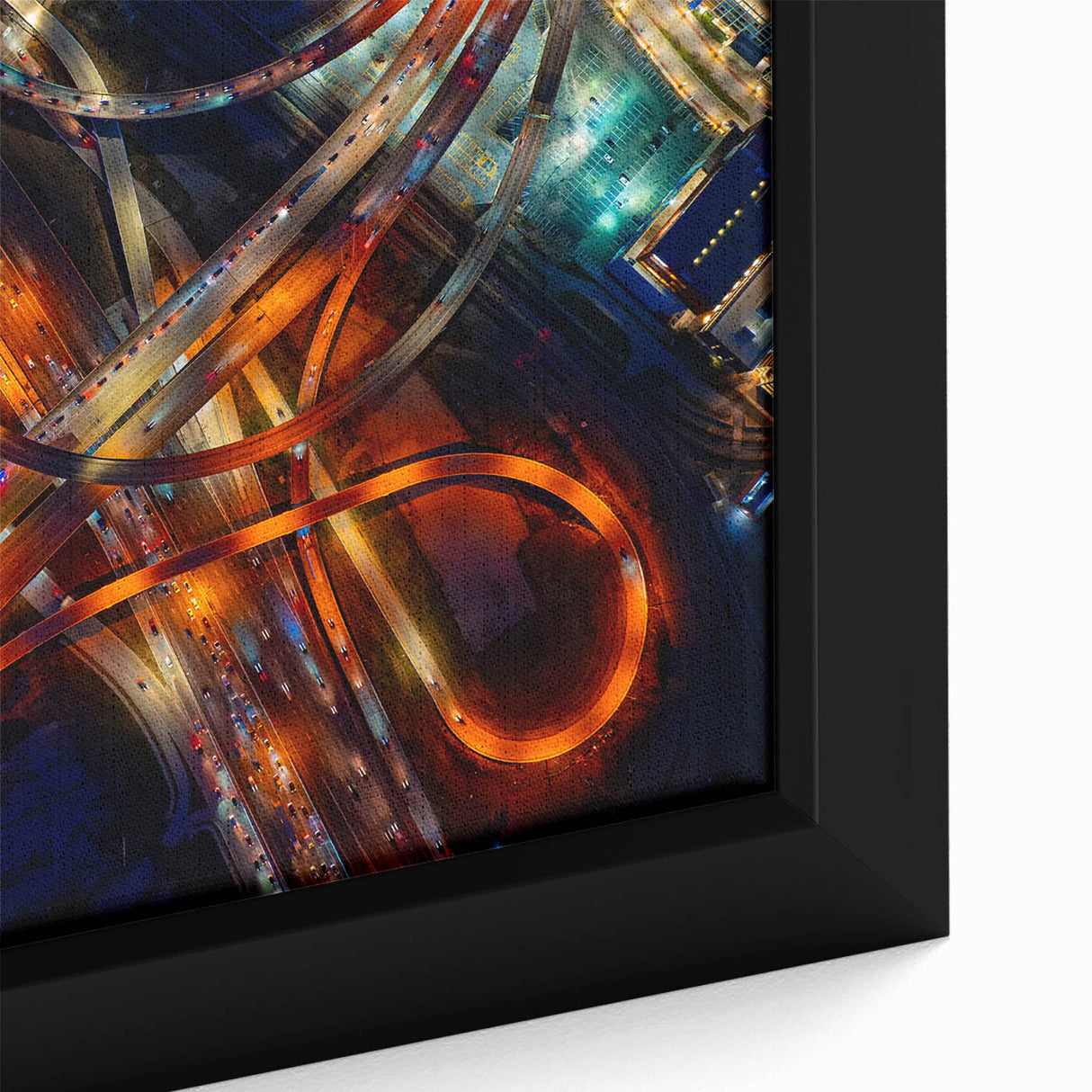 Framed canvas of Dallas skyline in textured black with colorful accents, ideal for living room decor.