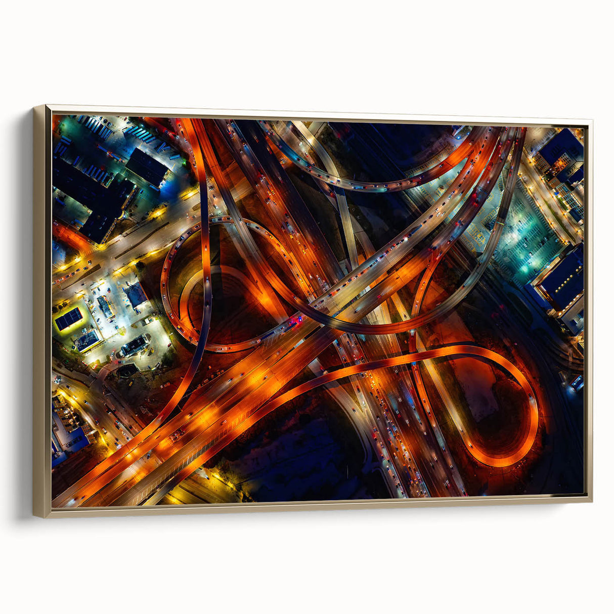 Framed canvas of Dallas skyline in muted gold and black tones, ideal for bedroom wall art.