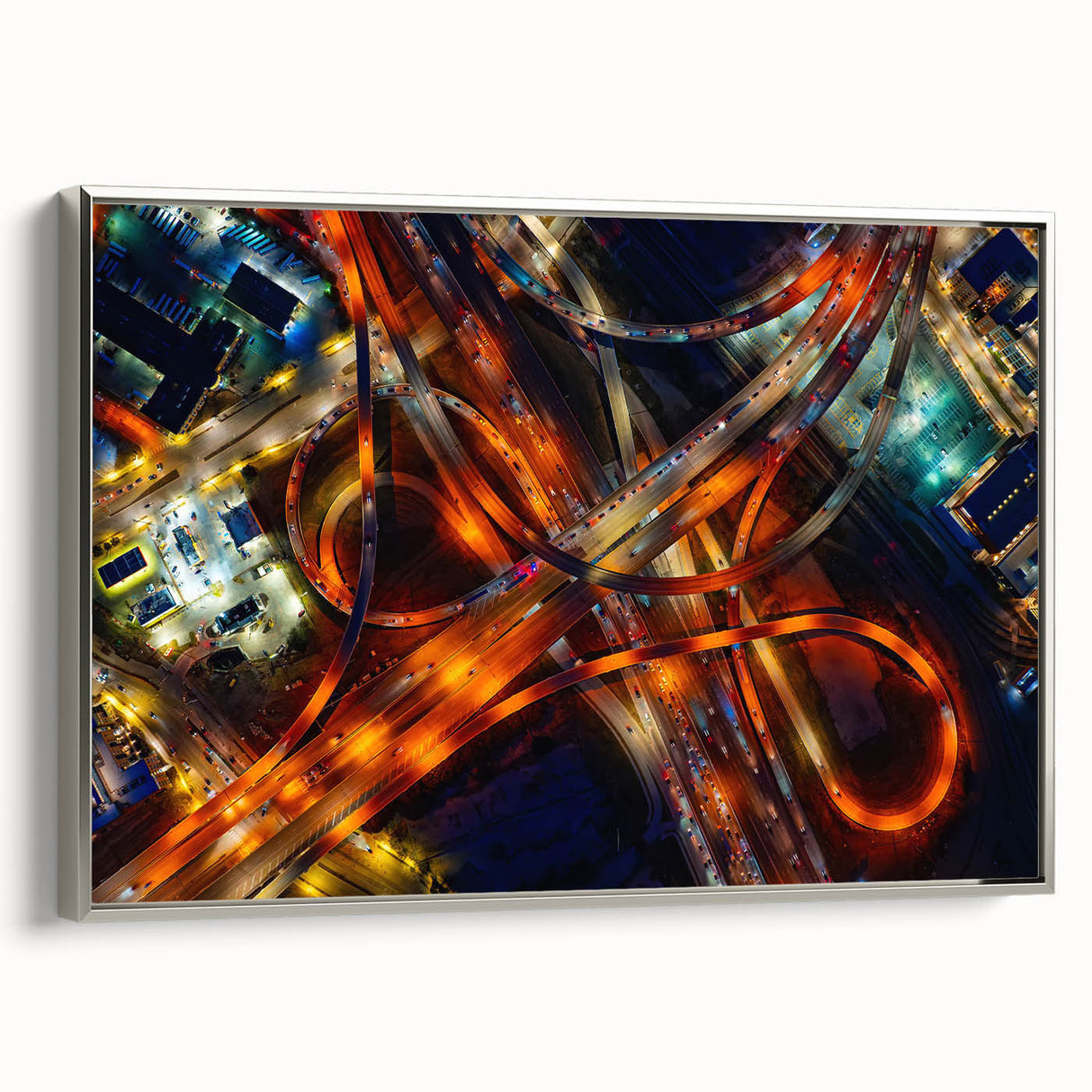 Framed canvas landscape art painting of Dallas skyline with vibrant colors on a black background, ideal for office decor.