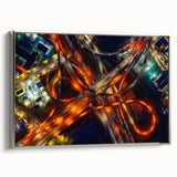 Framed canvas landscape art painting of Dallas skyline with vibrant colors on a black background, ideal for office decor.