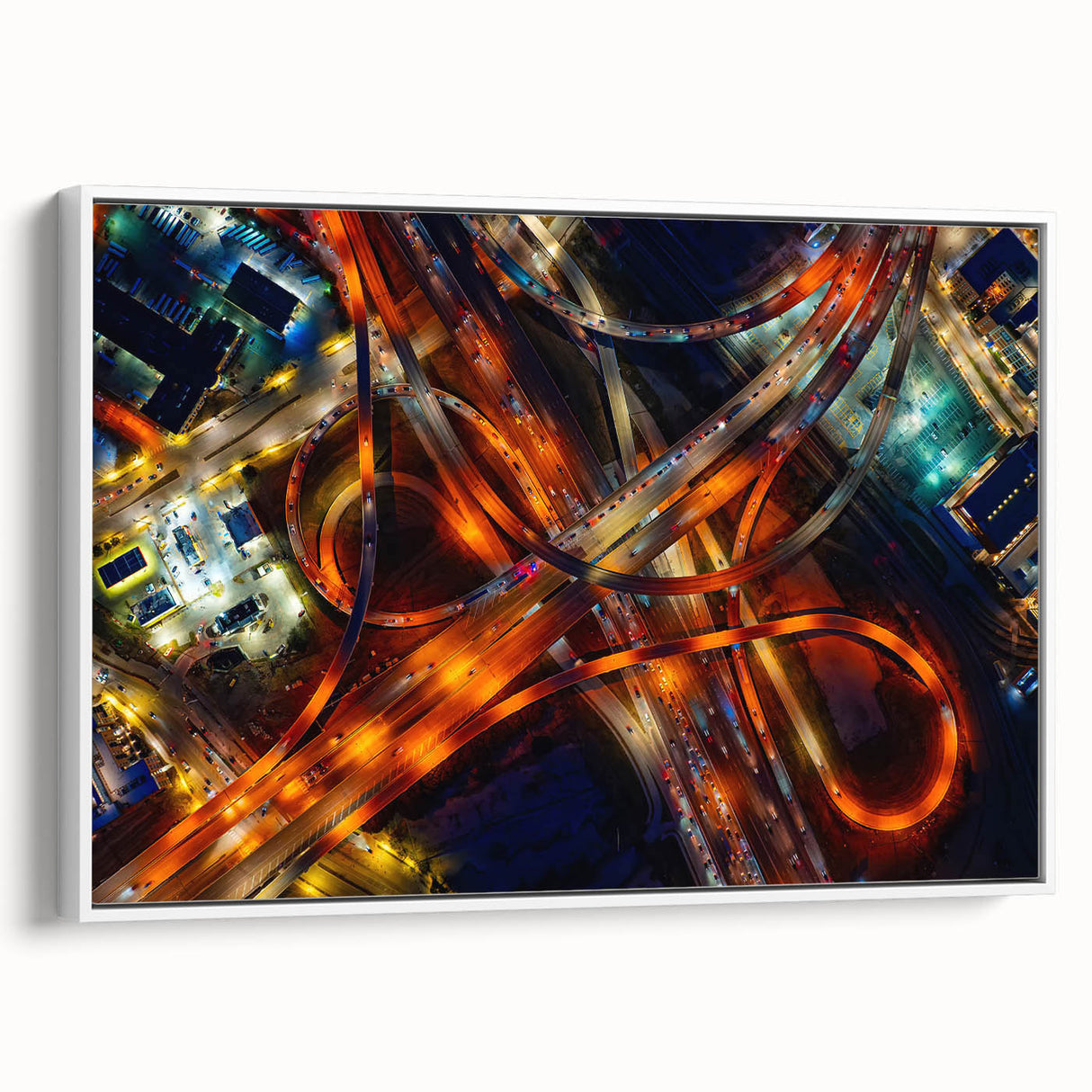 Framed canvas vintage poster art of Dallas skyline in colorful hues, ideal for living room decor.