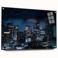 Acrylic print of a large abstract depiction of the Houston skyline in muted grays and blues, ideal for dining room decor.
