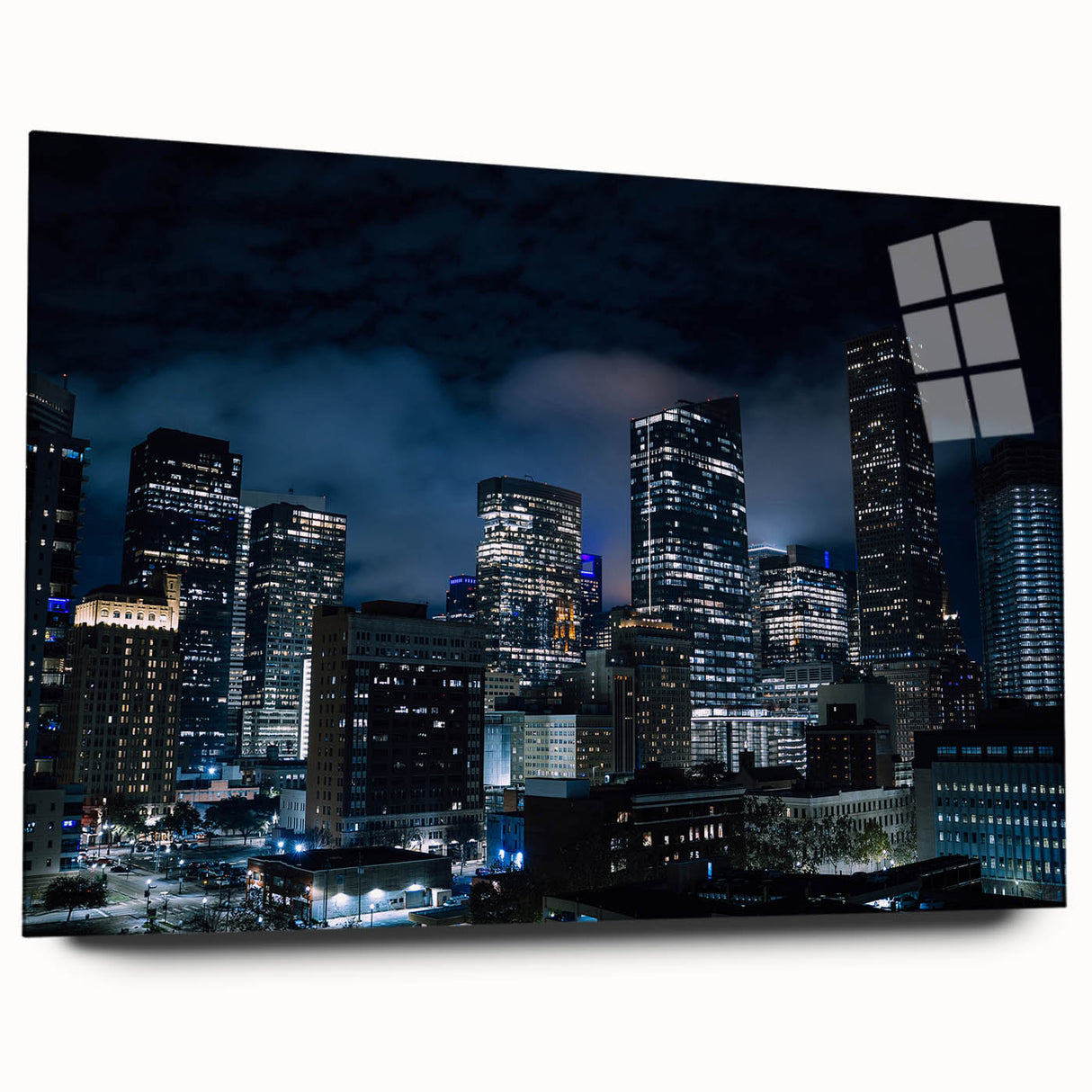Large abstract wall art of Houston skyline in muted blue and gray tones on acrylic glass.
