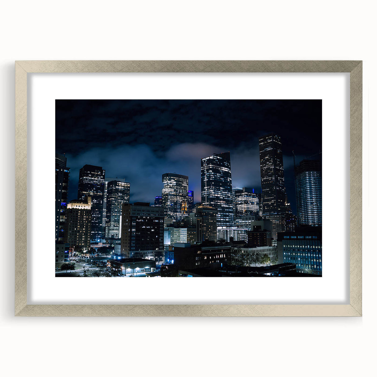Textured abstract art print of Houston skyline in muted gray and blue tones on a framed canvas, ideal for bedroom art.