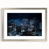 Textured abstract art print of Houston skyline in muted gray and blue tones on a framed canvas, ideal for bedroom art.