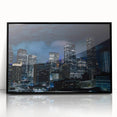 Large abstract wall art of Houston skyline in muted gray and blue tones on framed acrylic.