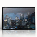 Large abstract wall art of Houston skyline in muted gray and blue tones on framed acrylic.