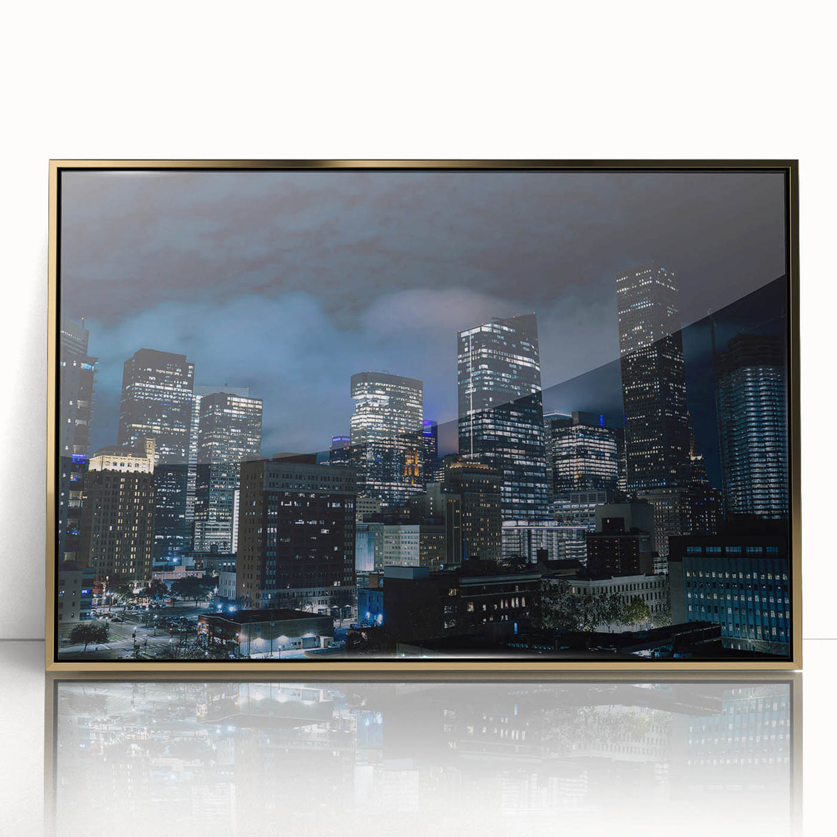 Framed acrylic print of Houston skyline with gold accents, in mid-century modernist style.