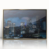 Framed acrylic print of Houston skyline with gold accents, in mid-century modernist style.
