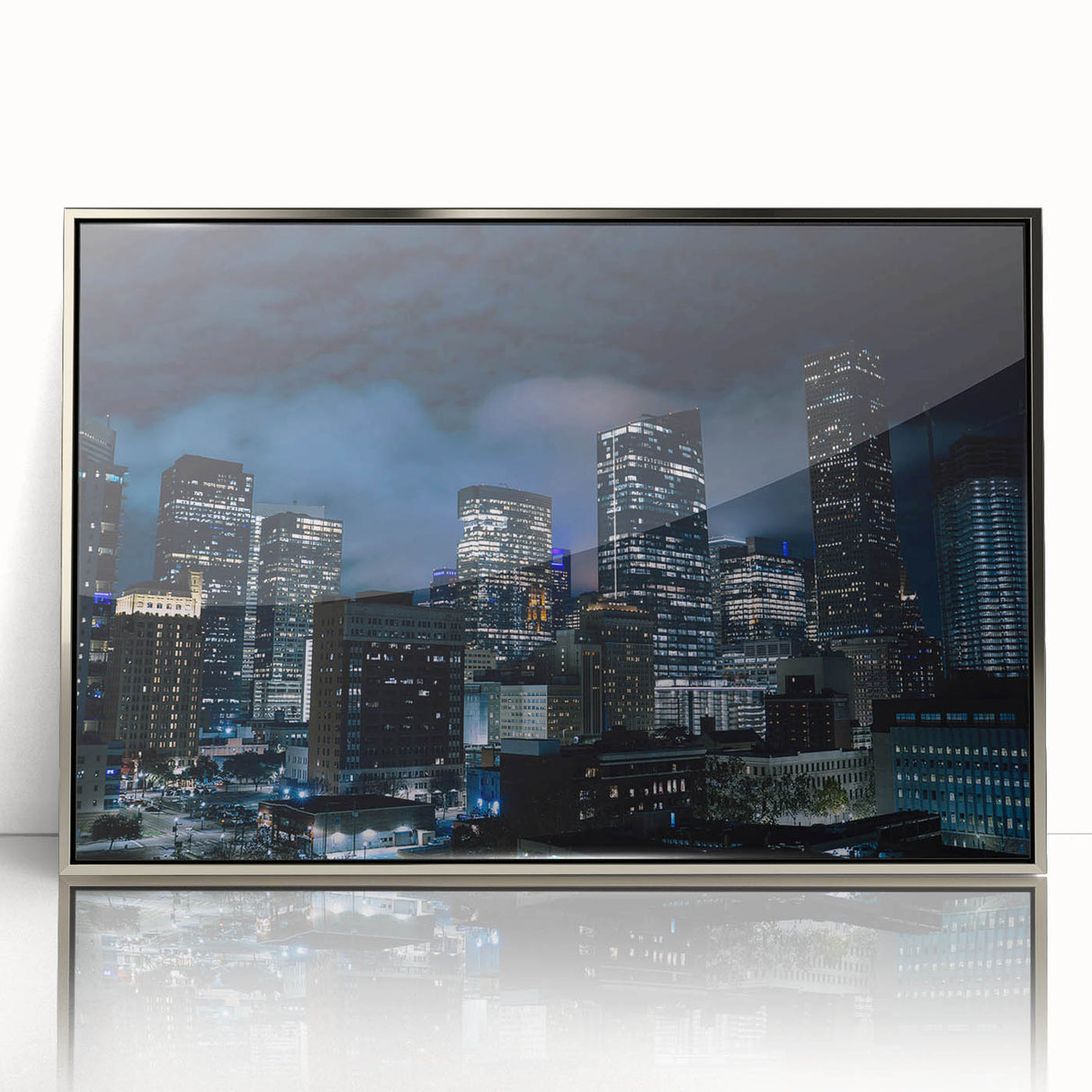 Mid-century modernist art depicting the Houston skyline in muted gray and blue tones on a framed acrylic print.