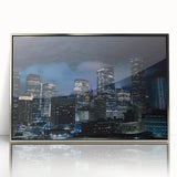 Mid-century modernist art depicting the Houston skyline in muted gray and blue tones on a framed acrylic print.