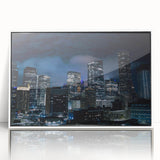 Art deco poster of Houston skyline in muted gray and blue tones on framed acrylic.