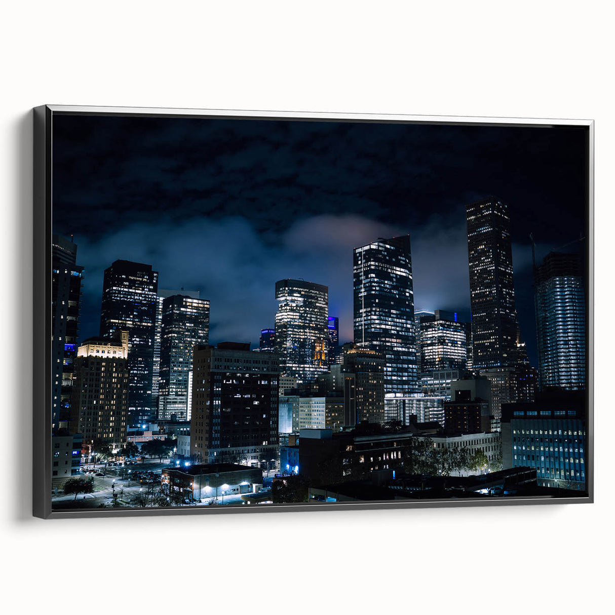 Black and white framed canvas of Houston cityscape with vintage poster art style, ideal for bedroom wall decor.