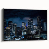 Black and white framed canvas of Houston cityscape with vintage poster art style, ideal for bedroom wall decor.